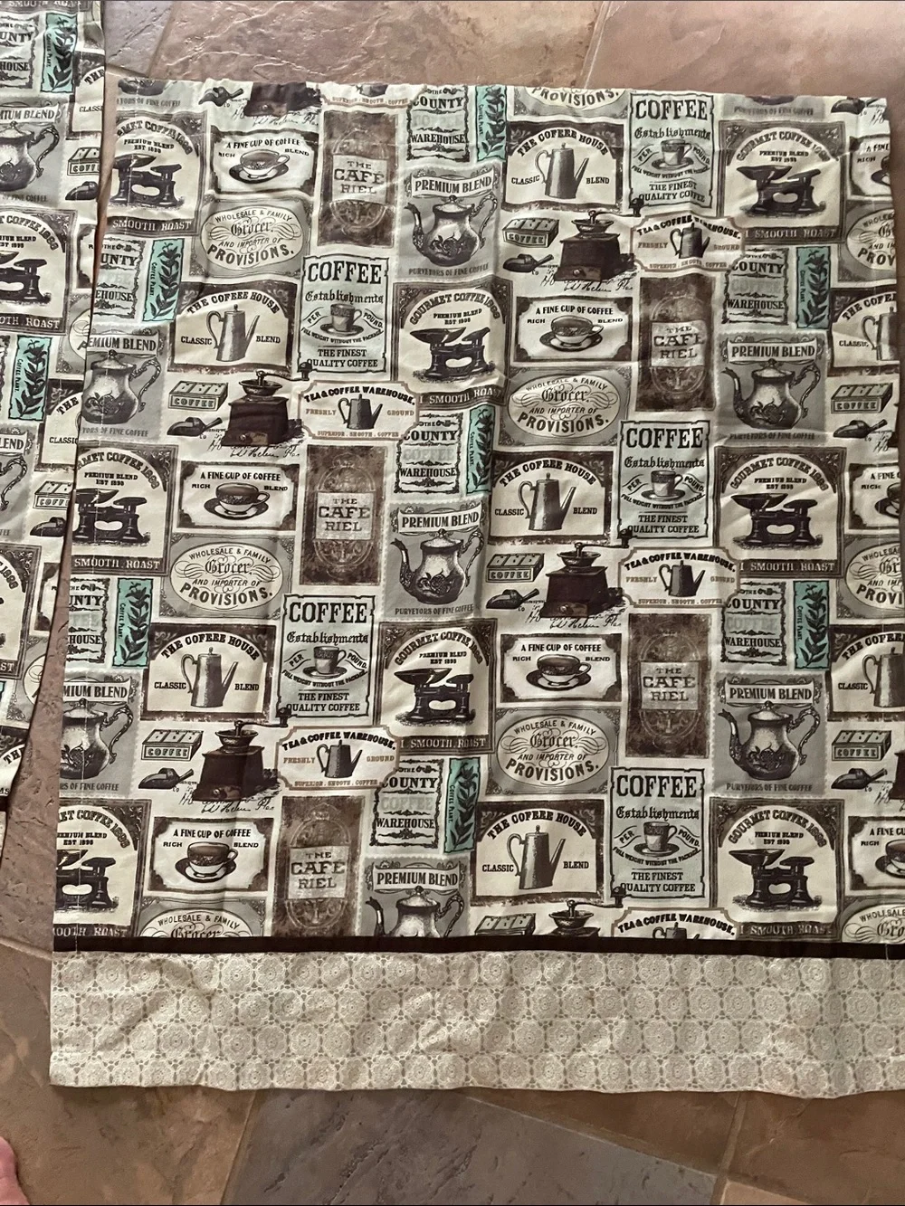 Coffee Print Kitchen Curtain Panels - Brown, Cream & Aqua Accents